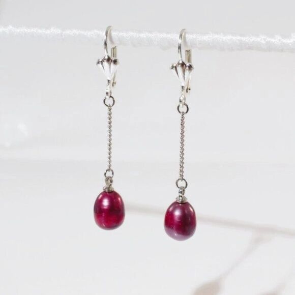 Plum Color Pearl Dangle Earrings - Picture 1 of 4